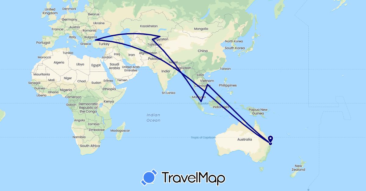 TravelMap itinerary: driving in Australia, Kyrgyzstan, Singapore, Turkey, Uzbekistan, Vietnam (Asia, Oceania)